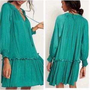 Anthropologie Giulia Green Dress Medium M Excellent Tassels Long Sleeve RARE HTF